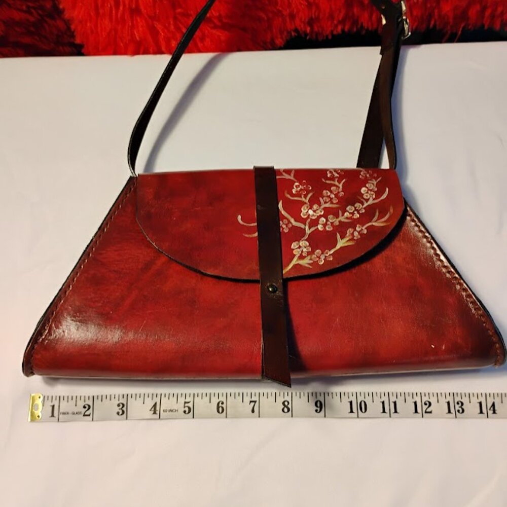 Vintage Style Hand Painted Leather Shoulder Bag Floral Brown Purse - Picture 6 of 7